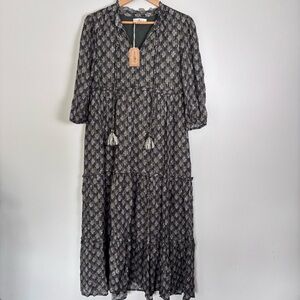 Natural Life Floral Block Print Tiered Tassel Ruffle Maxi Dress-Green/Gold-S-NWT